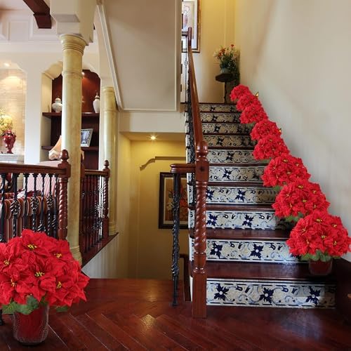 Sggvecsy Artificial Christmas Poinsettia Flowers 9.8’’ Large Heads 6 Pcs Red Velvet Fake Plants with Greenery Leaves Faux Silk Christmas Poinsettia Bouquets for Home Vase Indoor Outdoor Xmas Decor