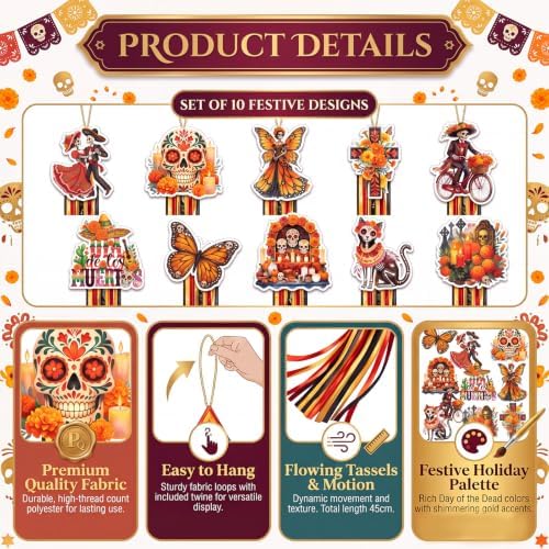 10 Pcs Day of The Dead Decoration Sugar Skull Hanging Decor 4.4 ft