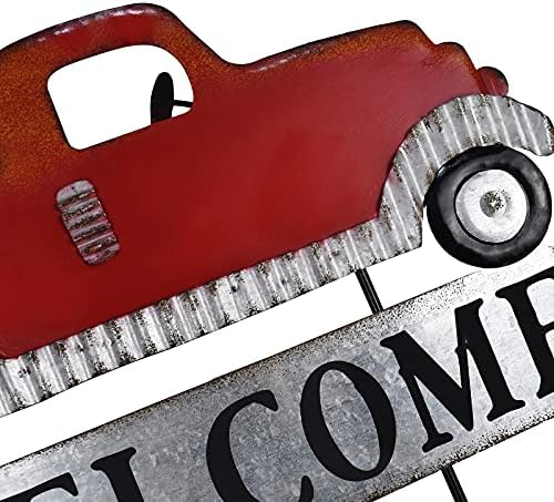 Morning View Red Pickup Truck Yard Stakes Welcome Sign Metal Garden Stake Interchangeable Christmas Tree Fall Pumpkin Outdoor Seasonal Yard Art for Lawn Xmas Winter Autumn Holiday 24 Inches