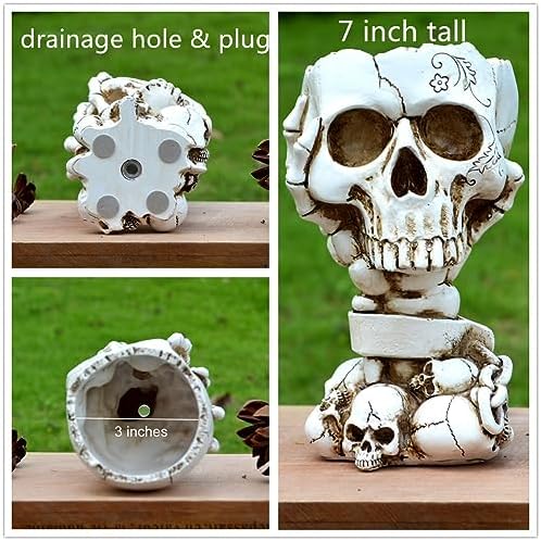 Skull Planter, Goth Flower Pot, Gothic Plant Pots, Succulent Pots with Drainage, Halloween Plant Pot, Tall White Skulls Statue, Funny Desk Home Decor, Cool Figurines Flower Pots Gift for Mother Father