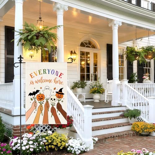 Everyone Is Welcome Here Garden Flag 12x18 Inch Double Sided, Inclusive Pumpkin Ghost Skull Yard Flag, Fall Outdoor Porch Decor, Diversity Kindness Gifts for Neighbor Friend LGBTQ Supporter