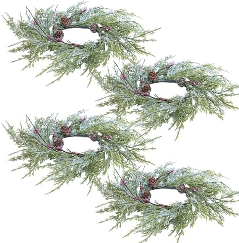 Winlyn 4 Pcs Artificial Frosted Cedar Pine Candle Rings Christmas Candle Holder Rings Wreaths Pine Cones Red Pip Berries Mini Window Mirror Wreaths 14.6" Wide for Winter Holiday Table Farmhouse Décor