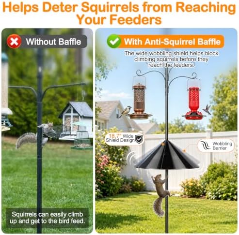 Bird Feeder Pole 100 Inch with Squirrel Baffle and 4 Feeder Hooks Heavy Duty Adjustable Bird House Pole with Top and Side Mount for Smart Feeders, Bluebird Houses, Yard and Garden