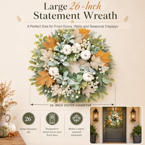 26 Inch Fall Wreaths for Front Door, Artificial Autumn Wreath