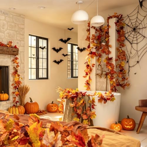CQURE 26 Pack Artificial Fall Leaf Garland (153.4Ft Total), Autumn Garland Maple Leaves Vines for Thanksgiving Home Fireplace Arch Decor