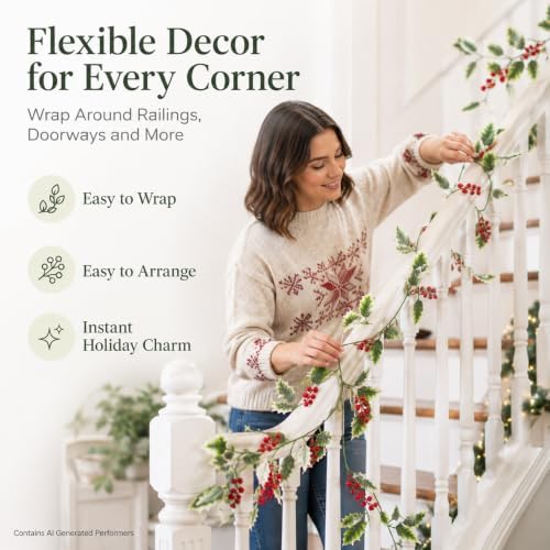 RAINFLOW Christmas Garland with Holly Berry Vine - Artificial Xmas Greenery