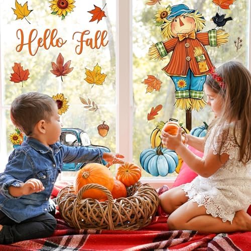 Whaline 6 Sheets Hello Fall Window Clings Blue-Orange Scarecrow Maple Leaves Pumpkin Truck Reusable Window Decals for Autumn Harvest Thanksgiving Home Office School Decor