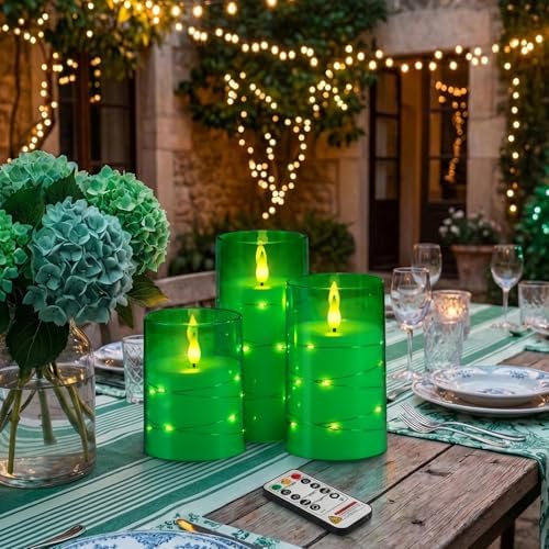 Homemory Flickering Flameless Candles, Green LED Pillar Candles with Remote