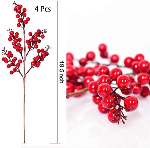 DearHouse 4 Pack Artificial Red Berry Stems Holly Christmas Berries for Festival Holiday Crafts and Home Decor, 19.5 Inches Burgundy Berry Floral Christmas Tree Decoration