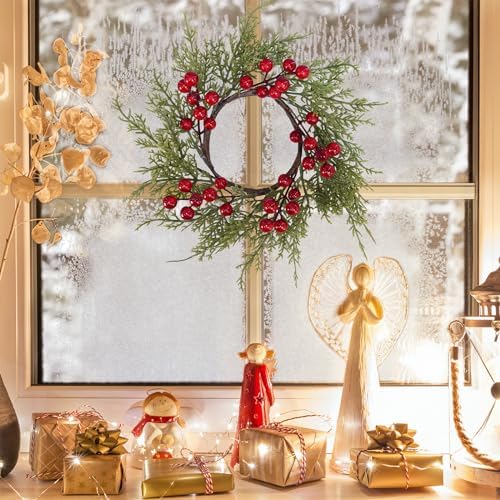 Winlyn 4 Pcs Artificial Cedar and Berry Candle Rings Christmas Candle Holder Wreath Rings Mini Wreaths Ornaments 13.4" Wide for Tabletop Decoration Winter Wedding Christmas Holiday Season