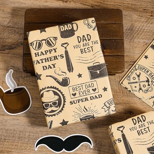 LeZakaa 10 Sheets Fathers Day Flower Wrapping Paper, Happy Father's Day Dad Theme Gift Wrap, Brown Kraft Floral Bouquet Paper for Men Husband Grandpa DIY Gift Packaging, 19.7 x 27.6In Each