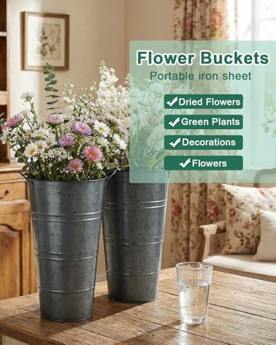 12 Inch Galvanized Metal Vase, 2 Pack Tall Flower Buckets with Handles
