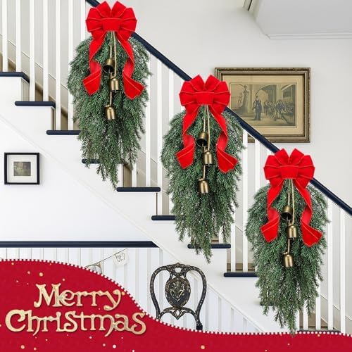 Dingion 23.6" Christmas Teardrop Swag with Bells Red Bow, Faux Spruce