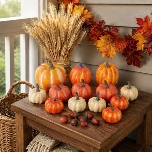 18Pcs Stacked Mini Faux Artificial Foam Pumpkins for Fall Autumn Decorations, Thanksgiving Halloween Table Decorating