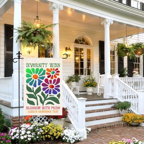 Diversity Wins Blossom with Pride Garden Flag, 12 x 18 Inch Double Sided Rainbow Floral Pride Month Yard Flag Gifts for LGBTQ Supporter Equality Advocate, Inclusive Outdoor Lawn Porch Decor