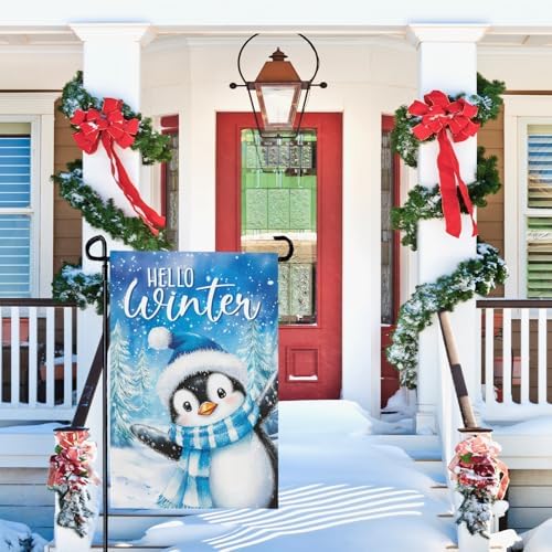 Hello Winter Penguins Garden Flags for Outside 12x18 Inch Snow Scenery Welcome Small Yard Flag Double Sided Snowflakes Flags for Outdoor Decorations