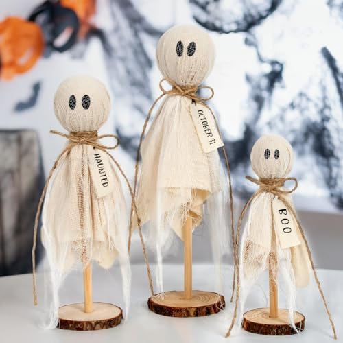 DAZONGE Halloween Decor, 3 Set Primitive Halloween Ghosts on Wooden Stand