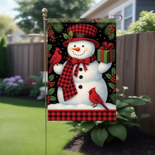 Christmas Garden Flag Buffalo Plaid Snowman Cardinal Gift 12x18 Inch Double Sided Outdoor Yard Banner for Winter Holiday Merry Christmas Decoration Seasonal Cute Welcome Decor.
