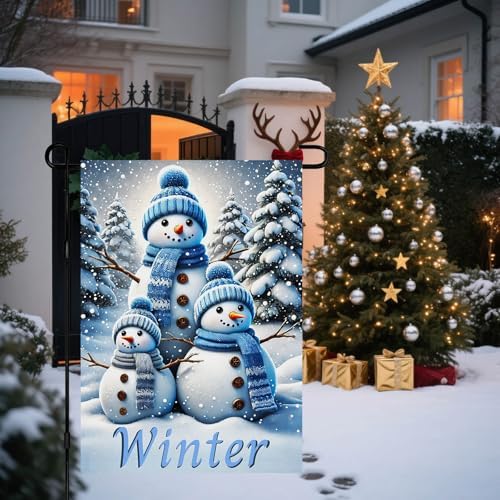 BlissYard Garden Flag Snowman Family Forest Winter 12x18 Inch Polyester