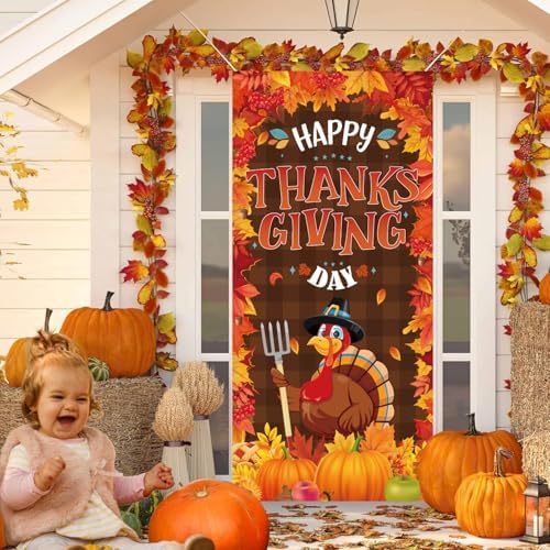 Happy Thanksgiving Door Banner Porch Sign, Fall Harvest Turkey Pumpkin Door Cover Banner, Thanksgiving Indoor Outdoor Party Decorations