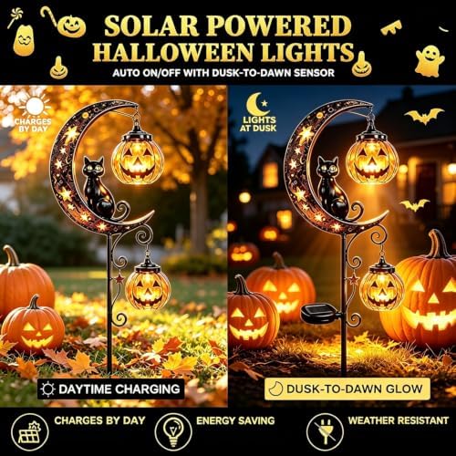 Solar Halloween Black Cat & Pumpkin Moon Garden Stake Light Halloween Decor