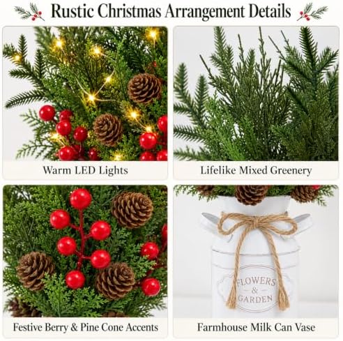 Christmas Table Decor with Metal Pot, Winter Xmas Centerpieces for Tables