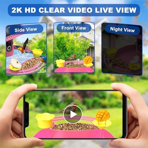 Bird Feeder with Camera - 4K HD Live View, Smart Bird Feeder Solar Powered, AI Recognition Auto Capture Video, 3-in-1 Feeding & Bathing & Hummingbird, Outdoor Garden Bird House (Pink)