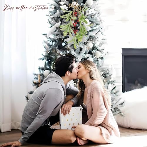2 Pcs Frosted Mistletoe Hanging Decorations, 10.6'' Artificial Mistletoe Ornament Hanging Kissing Ball with Berry for Christmas Winter Holiday Decor (2, Red)