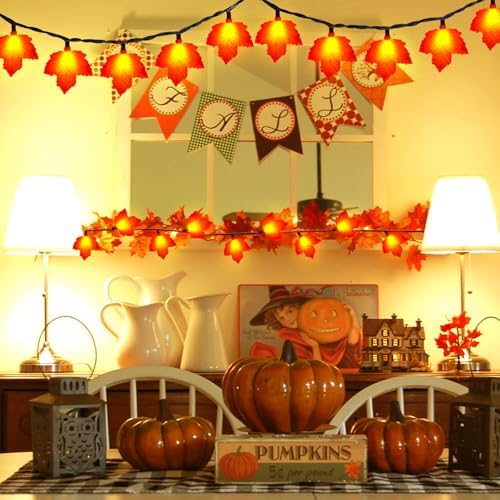 Fall Decor Maples Leaf String Lights, 8.5FT LED Maple Leaf Lights with 10 3D Maple Light, Plug in Fall Decorations for Indoor Outdoor Thanksgiving Christmas Halloween Harvest-Orange