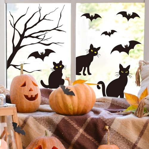 Whaline 6 Sheets Halloween Black Cat Window Clings Spooky Cat Bat Silhouette Reusable Window Decals for Haunted House Home Office School Glass Decor Party Supplies