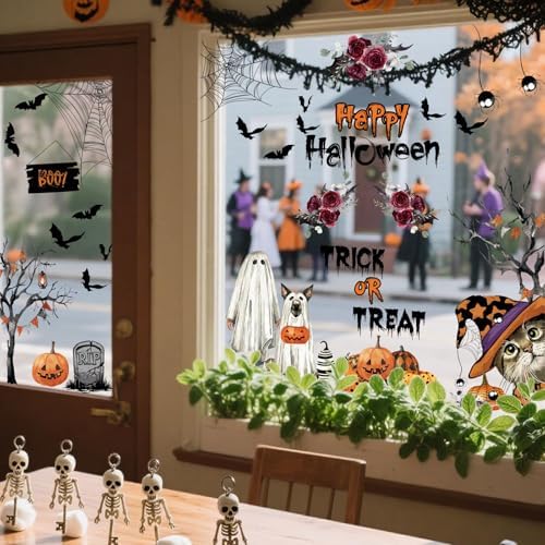 AhfuLife 60Pcs Halloween Window Clings, 9 Sheets Reusable Halloween Ghost Window Stickers Removable Stickers for Kids Home Window Indoor Party Decorations