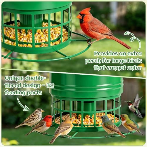 Bird Feeder for Outdoors, Squirrel Proof Bird Feeder for Outside 10LB Metal Caged Wild Bird Feeder with 32 Feeding Ports, Hanging Birdfeeder for Small Birds, Cardinals, Bluebirds, Finches (Green)
