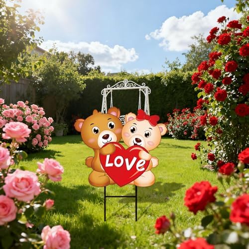 JarThenaAMCS Valentine' s Day Metal Garden Stake Welcome Yard Sign Bear Couple with Love Heart Decorative Lawn Sign for Wedding Anniversary Home Outside Lawn Porch Walkway Decor