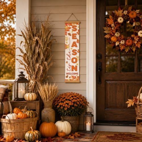 Fall Door Banner, Tis the Season Maple Leaf Canvas Sign for Front Porch