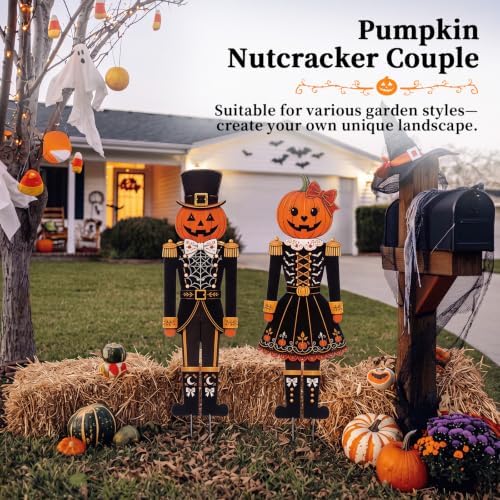 Geelin 2 Pack Halloween Metal Garden Stakes, Pumpkin Nutcracker Couple