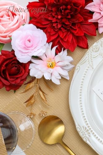Floweroyal Artificial Flowers Combo Red Flowers Mix Silk Flowers Dahlia Roses with Stems for DIY Wedding Bridal Bouquets, Baby Shower, Floral Arrangement, Table Centerpieces, Home Decorations.