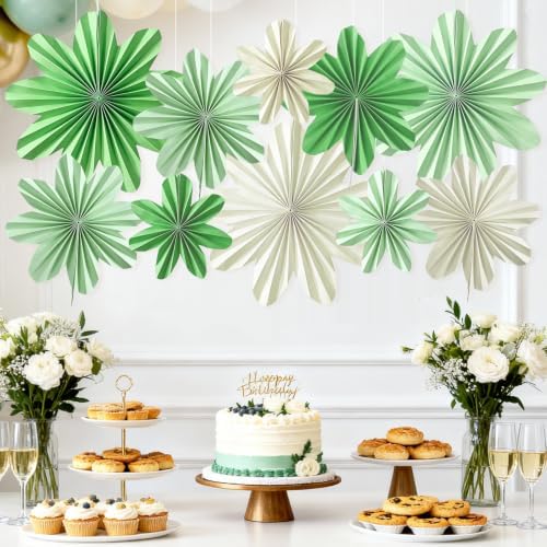 Green Paper Flower Sage Green White Paper Hanging Fans for Wall(10Pcs)