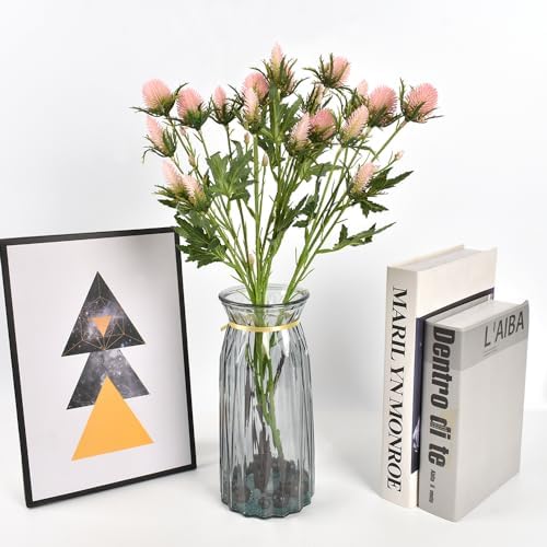 Artificial Thistle Spray Eryngium Flowers 2pcs Artificial Real Touch Eryngium Artificial Sea Holly Flowers for Wedding Bridal Bouquet Wreath Table Centerpiece Outdoor Decor (Pink)