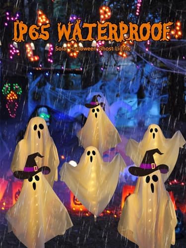 6-Pack Solar Powered Ghost Halloween Decorations Outdoor, Auto On/Off, Ghost Path Lights for Scary Party Yard Garden Lawn Holiday Decor(Warm White)