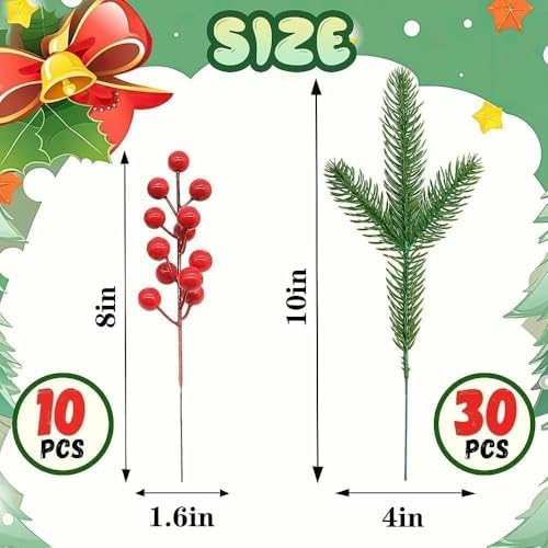 40 PCS Artificial Pine Branches Fake Greenery Picks Red Berry Stems Evergreen Fake Plant Holly Decoration for DIY Christmas Tree Xmas Embellishing Flower Arrangements Decoration Home Decor