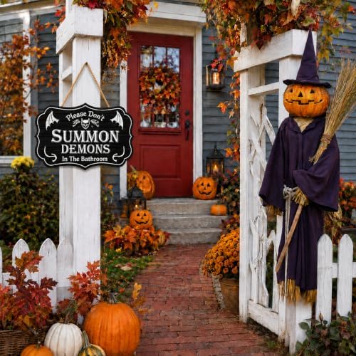 Halloween Bathroom Sign, Wooden Please Don't Summon Demons Goth Door Decor