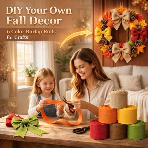 6 Rolls Fall Burlap Ribbon, 30 Yards, 2.5 in Wired Edge, 6 Colors