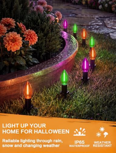 SUNSGNE C9 LED Halloween Pathway Lights, Orange Green Purple Stake Lights