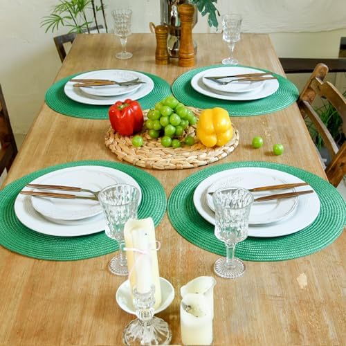 FunWheat Round Braided Placemats Set of 8 Table Mats for Dining Tables Woven Washable Non-Slip Place mats 15 inch(Holly Green, 8pcs)