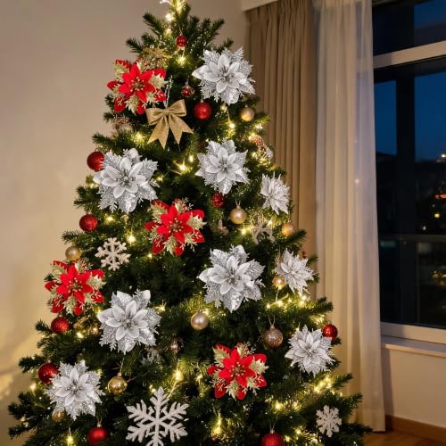 30PCS Artificial Christmas Poinsettia Flowers with Clips and Stems, 5.5 Inch Glitter Silver Xmas Tree Decorations, Holiday Poinsettia Picks Ornaments for Christmas Tree, Wreaths, Garlands & Home