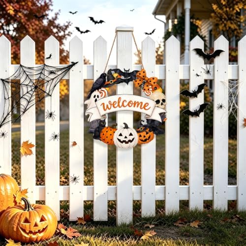 Halloween Welcome Wreath for Front Door Wooden Pumpkin Ghost Door Decor