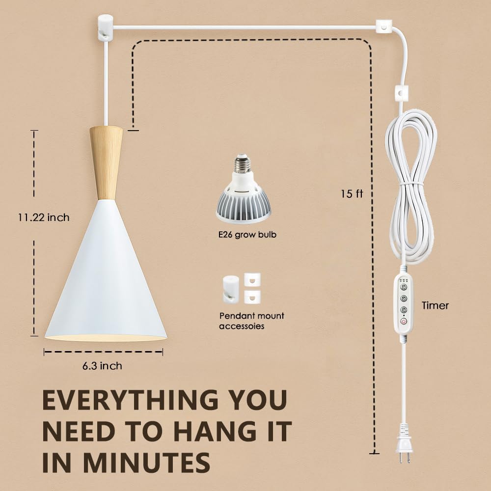 Hanging Grow Lights for Indoor Plants, Full Spectrum, with Timer and 15FT Power Cord, 20W Pendant Plant Lights for