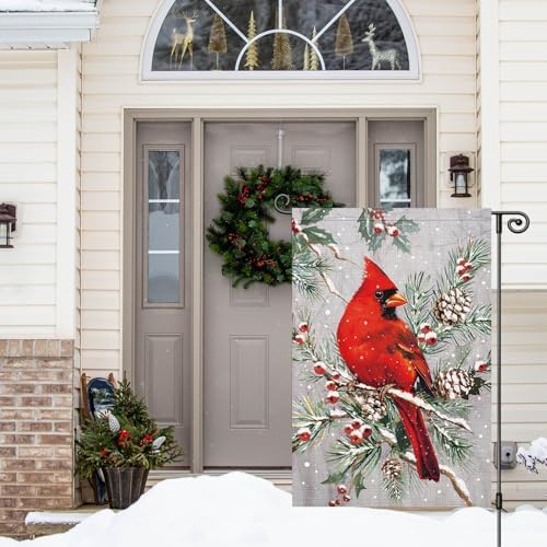 Louise Maelys Winter Cardinal Garden Flag Snowy Pine Tree 12x18 Inch Double Sided Welcome Holiday Christmas Xmas Seasonal Small Burlap Yard Sign Outside Outdoor House Decoration