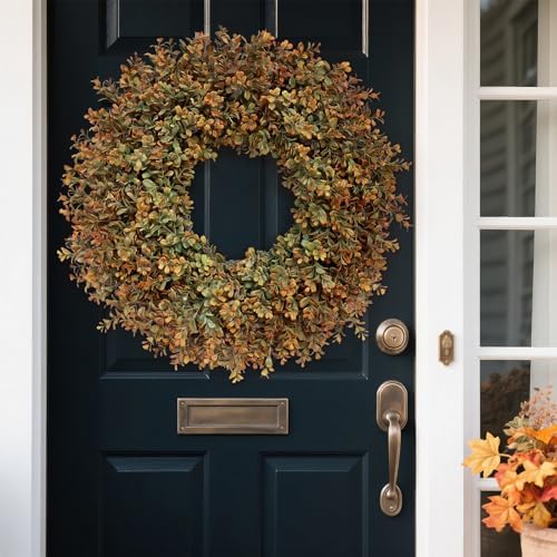 26''Large Artificial Fall Boxwood Wreath for Front Door Decor(Orange-Green)