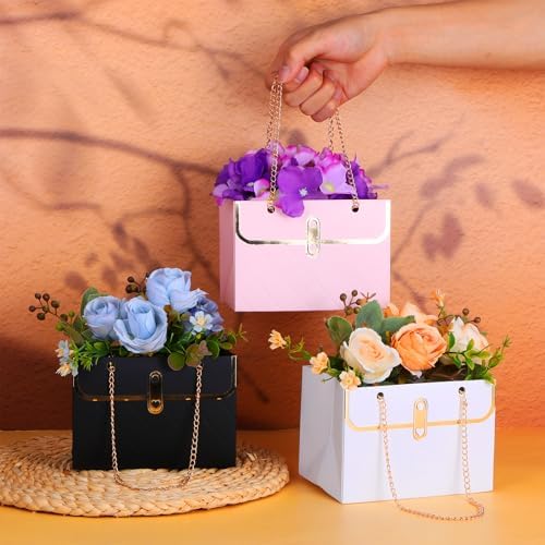 Ubamdom 15 Pcs Flower Paper Gift Box Bouquet Storage Bucket Handbag with Metal Chain Flower Boxes for Arrangements Wedding Valentine's Mother's Day Birthday Bridal Showe